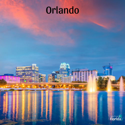 Orlando, Florida, aerial cityscape over Lake Eola at dusk.<br />
